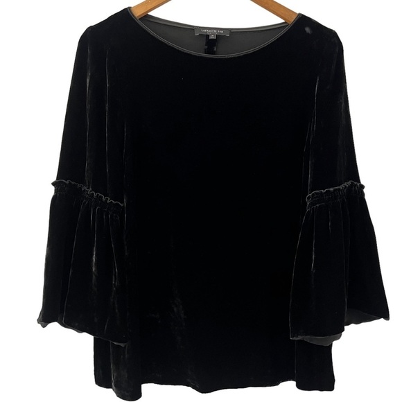 LAFAYETTE 148 Roslin Black Velvet Bell Sleeve Top Boatneck Blouse Holiday Medium - Picture 6 of 9